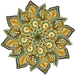Colored mandala design with floral ornament in green and golden yellow shades