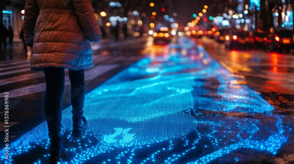 Aufkleber Urban street showcases advanced smartroad technology with illuminated patterns guiding pedestrians while vehicles navigate the roadway, emphasizing safety and connectivity after dark.