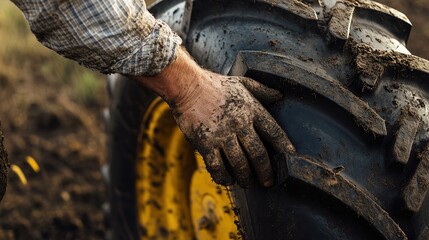 Fototapeta premium A realistic scene of inspecting a truck tire, a muddy hand checking a large truck tire covered in dirt, blurred background of fields and vehicles