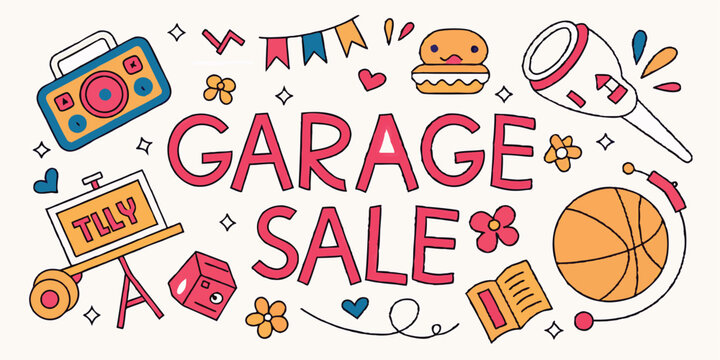 Vector illustration depicting a vibrant garage sale with various items showcased in a lively arrangement, inviting shoppers to explore unique finds and treasures
