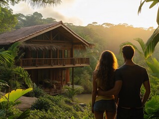 Romantic Getaway for Nature Lovers: Scenic Mountain Retreat and Adventure in a Wooden Cabin with Tropical Palm Trees at Sunset