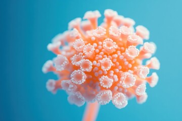 Macro shot reveals intricate details of an exosome cell structure highlighted by a soft light blue background, emphasizing its unique form