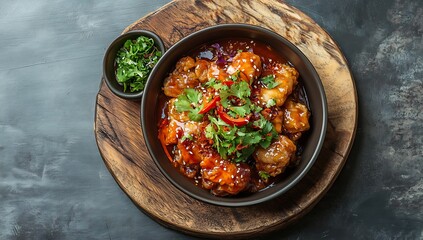 Fried chicken with sauce and garnishes on a wooden board