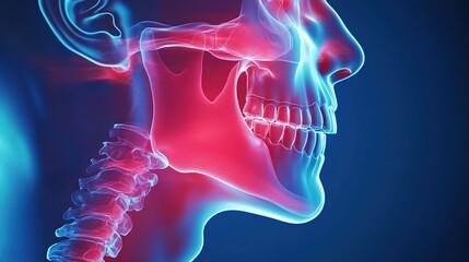 A futuristic human skeletal scan scene, a side view of a human skeleton in blue and red tones, highlighting the jaw and cervical spine, deep blue gradient background