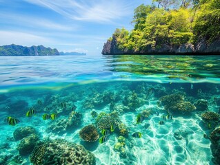 A bird's-eye view of a tropical island surrounded by crystal-clear waters and coral reefs