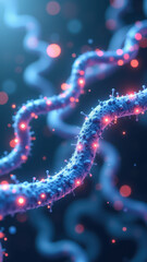 Illustration showing a detailed view of a molecule, likely GLP-1, with glowing bonds representing its structure.