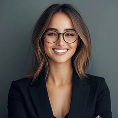Fototapeta premium A professional portrait of a young woman in a black suit, gray background