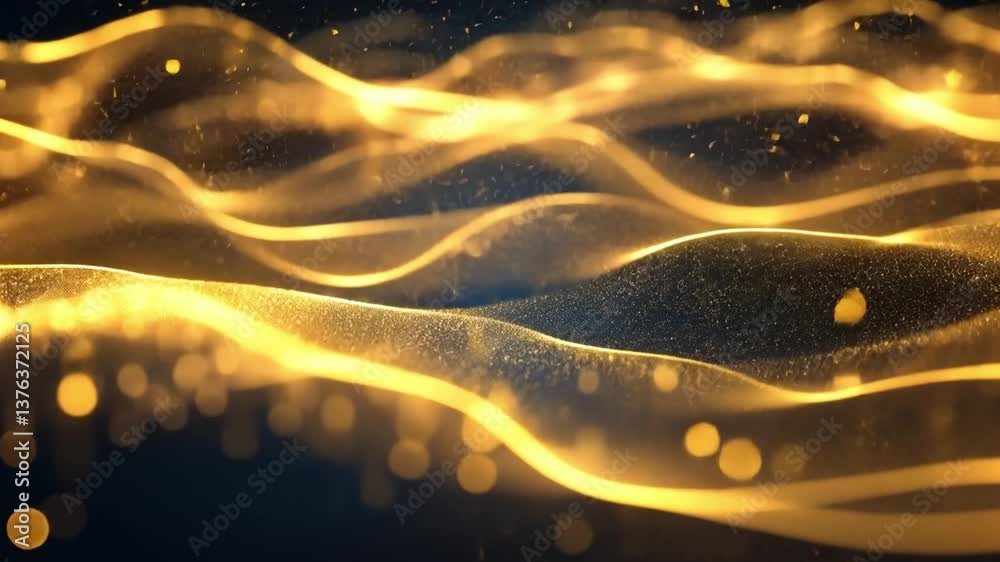 Poster abstract golden waves of light shimmer on a dark background creating a mesmerizing visual effect per