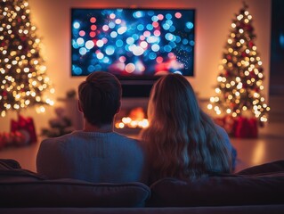 Cozy Holiday Home: Romantic Couple Celebrating Christmas Together by the Tree with Festive Decorations and Holiday Movie in Living Room