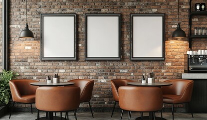 A cozy coffee shop scene with brown leather chairs and a round table, coffee cups on the table, brick wall and blank picture frames in the background
