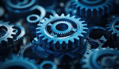 Complex gear mechanism close-up.  Interlocking gears in deep blue