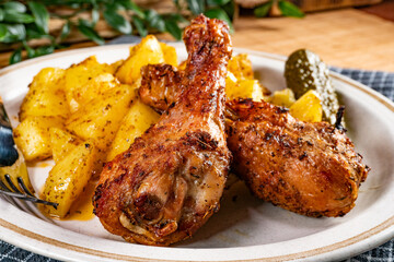 Baked chicken drumsticks with potatoes.