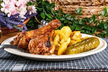 Baked chicken drumsticks with potatoes.