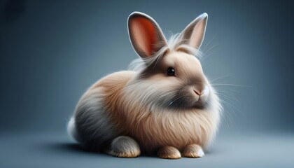 cute, fluffy and big-eared hare on a gray plain background