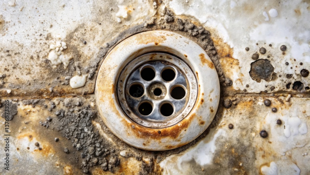 Aufkleber rusty drain in decayed surface a close-up study of deterioration