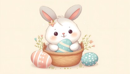 cute illustration of easter bunny in basket with easter eggs
