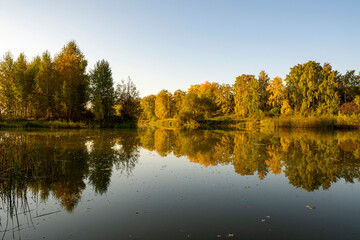 River landscape on a sunny autumn morning. The serenity and tranquility of an autumn morning on the banks of a narrow rural river.