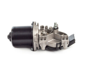 Auto parts for car repairs. An electric motor with a gearbox and a spline rod for the car wiper blade mechanism. A detail for a car on a white background.