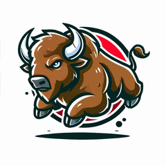 Logotipo de bisonte caricaturesco en estilo de pegatina, ilustración vectorial con colores vibrantes y líneas nítidas, ideal para marcas, pegatinas y diseños infantiles.