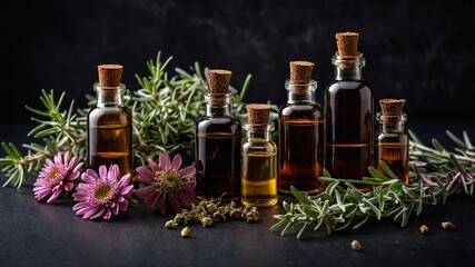 Variety of essential oils displayed in glass bottles surrounded by fresh herbs and flowers on dark background