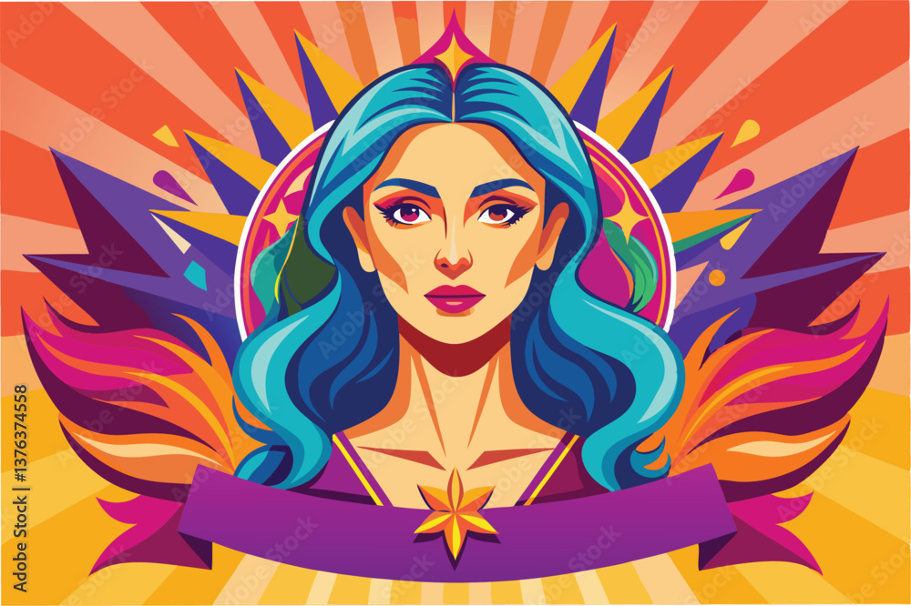 Poster vivid vector illustration of a confident woman surrounded by colorful foliage and decorative element