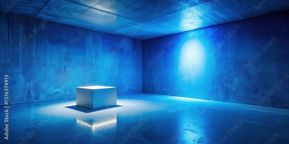 Poster Illuminated Cube in a Blue Room A Minimalist Setting for Product Display