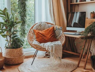 Cozy Home Office Interior Design with Natural Light and Stylish Furniture