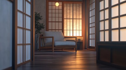 Obraz premium Warm Evening Light Illuminates a Serene Minimalist Japanese-Style Room with Shoji Screens and a Comfortable Armchair for Relaxation and Tranquility