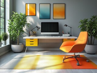 Modern Home Office Design: Vibrant Workspace with Ergonomic Chair, Bright Colors, and Natural Light