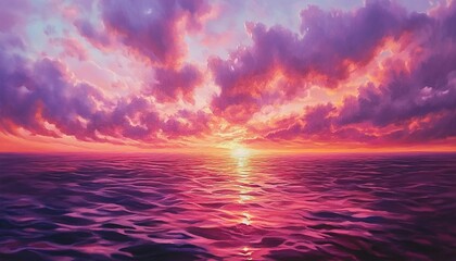 Obraz premium A dreamy sunset ocean scene, a calm ocean reflecting the sunset glow, sky filled with pink, purple, and orange clouds