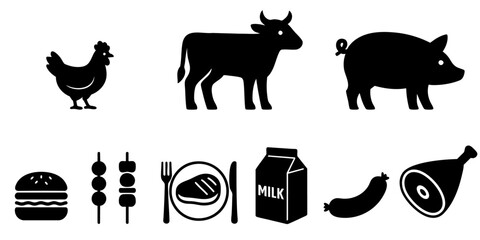 鶏、牛、豚のシルエット 食品アイコン