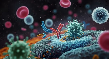 Antibodies attacking virus cell.