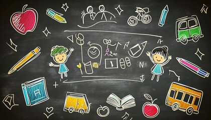A playful chalkboard doodle scene, a blackboard covered with colorful chalk drawings of various objects like a school bus, books, globe, apple, stars