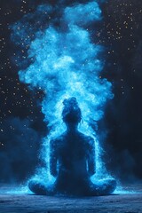 Woman meditating in blue smoke