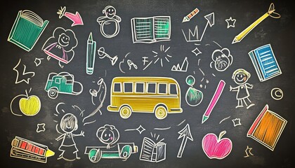A playful chalkboard doodle scene, a blackboard covered with colorful chalk drawings of various objects like a school bus, books, globe, apple, stars