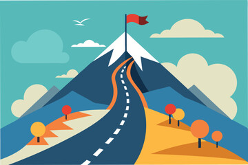 Mountain landscape with winding road and flag at peak during clear day showcases serene nature and adventure vibes to inspire travelers and outdoor enthusiasts