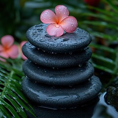 Stack of hot stones with drops of water and tropical leaves in background
