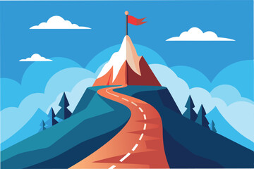 Mountain landscape with winding road and flag at peak during clear day showcases serene nature and adventure vibes to inspire travelers and outdoor enthusiasts