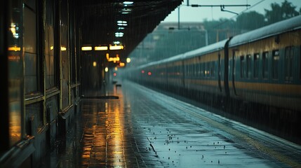 Obraz premium in charming sphere of a soaked station rain’s rhythm leads a lively twirl of trains arriving and departing sparking the air with an electric buzz of awaiting and ceaseless motion 