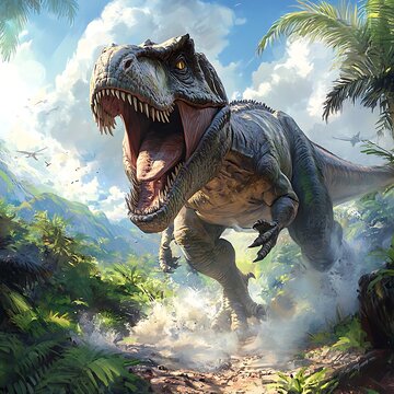 T Rex and dinosaurs running through jungle during volcanic eruption high resolution picture