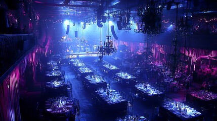 Elegant tables set for a party under stage lights in a grand venue