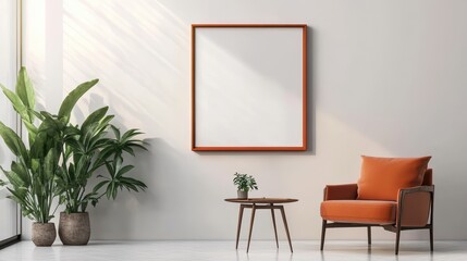 Minimalist interior design with terracotta-framed art, orange armchair, round dark wood side table, and white wall for contemporary living spaces.