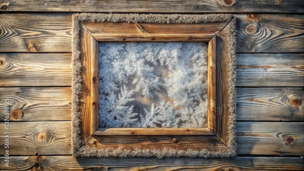 Aufkleber rustic wooden frame showcasing intricate frost patterns on a cold winter's day