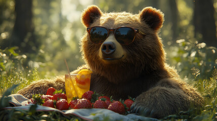 Bear enjoys a refreshing drink while relaxing on a picnic blanket surrounded by strawberries in a forest