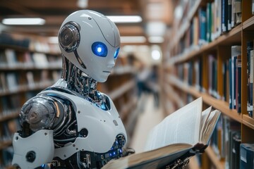 Fototapeta premium A robotic figure is engaged in reading a book surrounded by towering shelves filled with various texts in a library