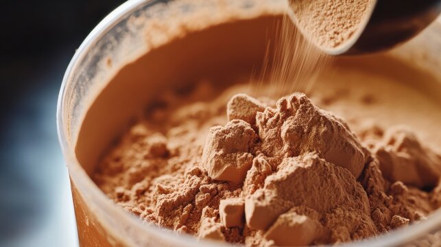 Pouring Chocolate Protein Powder into Measuring Cup