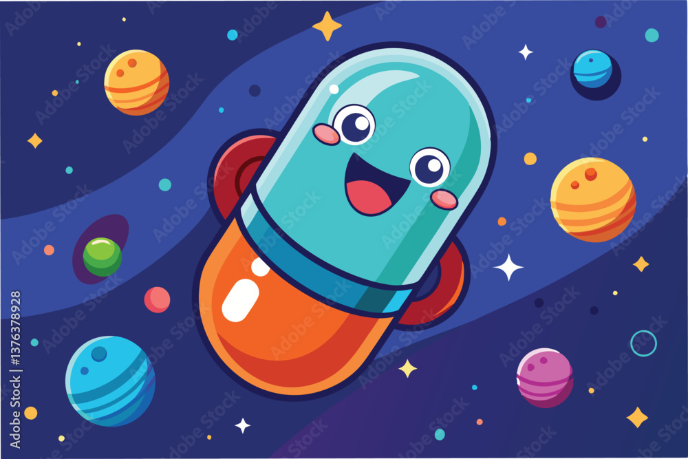 Poster cute capsule character flying through a colorful cosmic space filled with planets and stars in a whi
