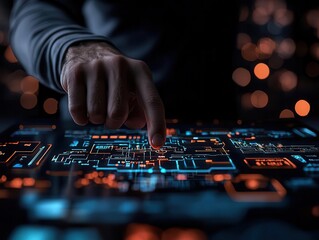 Closeup of a designer adjusting 3D virtual elements on a holographic interface, showcasing creative technology in action