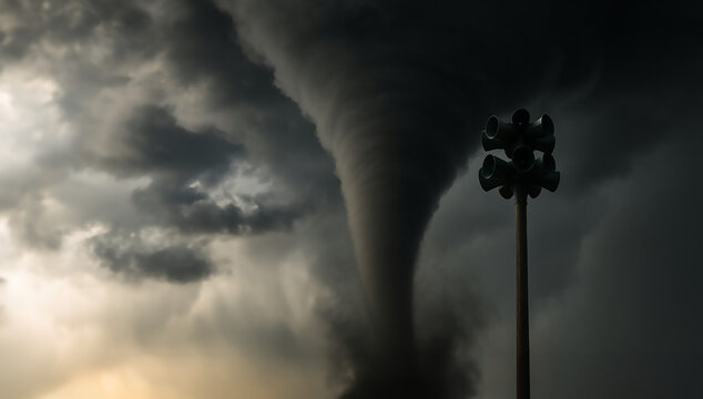 A tornado warning siren with a large twister in the background - severe weather tornadic activity outbreak in area - copyspace, news alert, media announcement, tower horn sirens