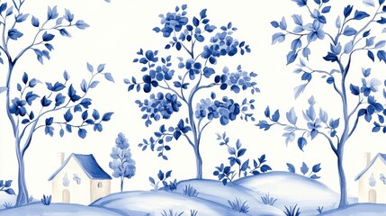 Whimsical Watercolor Blue Trees Beige Houses Landscape